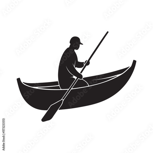 rowing a boat silhouette, black and white silhouette, vector and illustration