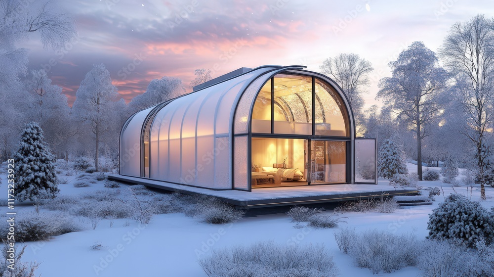 Modern Arched Glass Cabin Winter Wonderland Setting Modern Arched Glass Cabin Winter Wonderland Setting