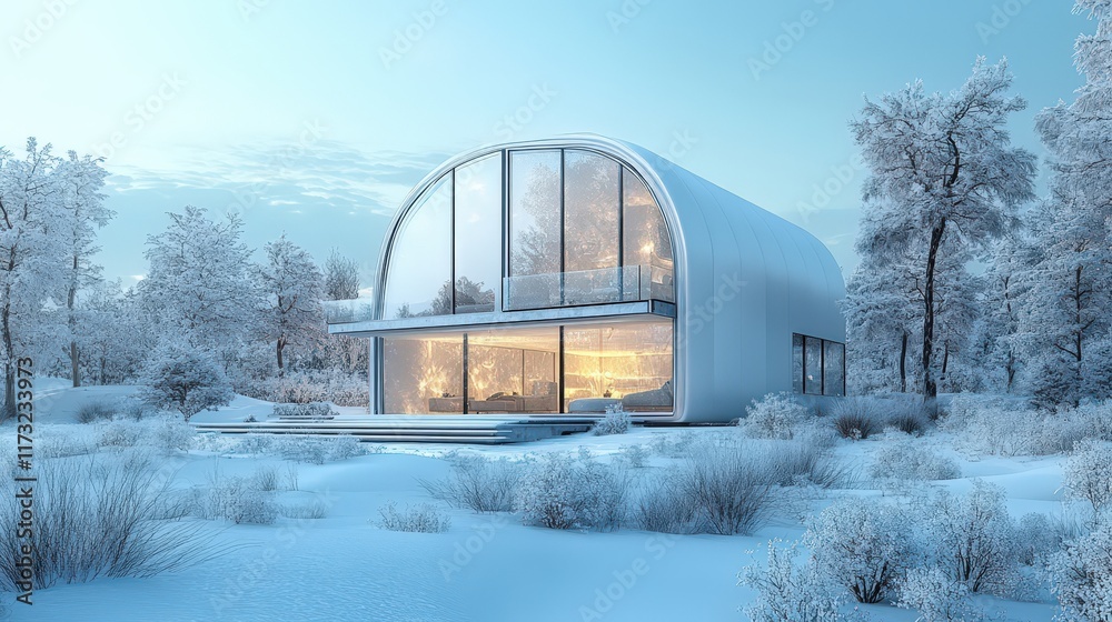 Modern Curvilinear Home in Snowy Winter Landscape Modern Curvilinear Home in Snowy Winter Landscape