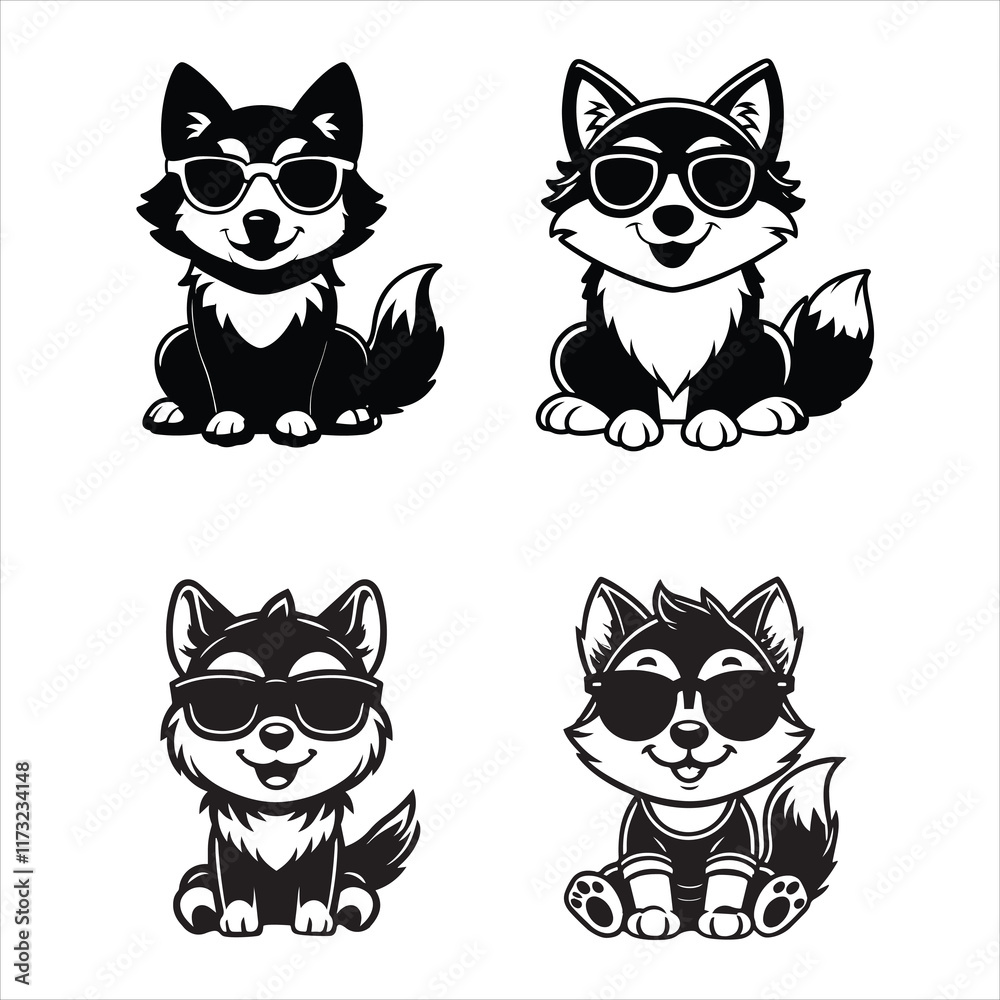 Obraz premium Collection of Cute Wolf sitting wearing sunglass illustration vector, Joyful Wolf Clipart Art 