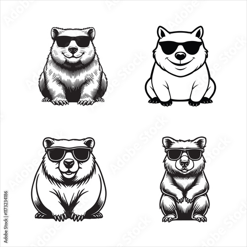 Collection of Cute Wombat sitting wearing sunglass illustration vector, Joyful Wombat Clipart Art
