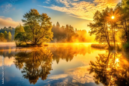 Wallpaper Mural Golden Dawn's misty embrace: macro view of serene lake, trees veiled in sunrise light. Torontodigital.ca