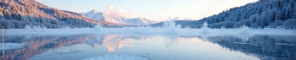 Fototapeta premium A frozen pond reflects the distant hills and trees, icy, tranquil