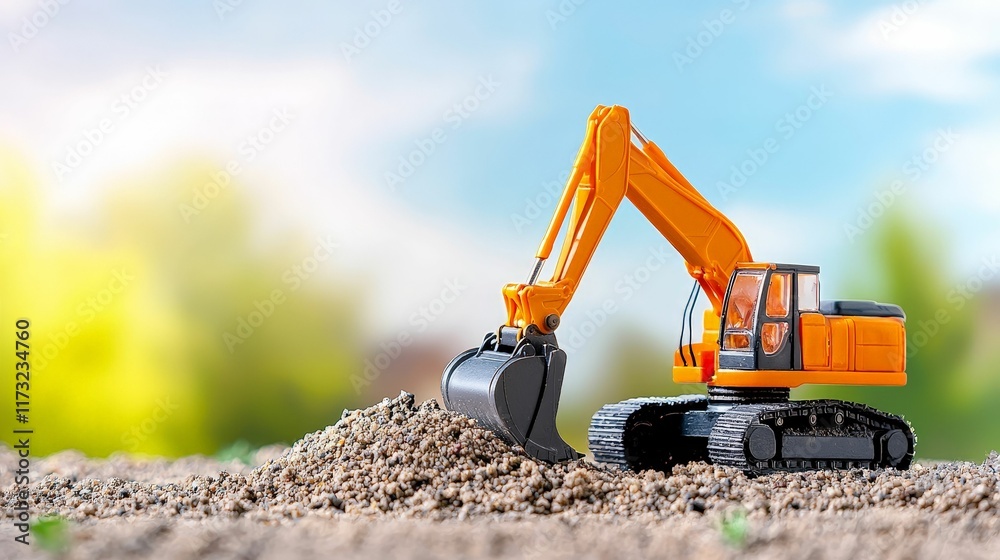 Obraz premium fiber optic and installation concept. Miniature excavator digging on a construction site with blurred greenery in the background.