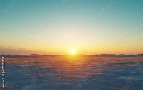 Sunset over a vast, flat, snow-covered landscape.