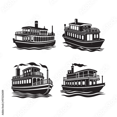 ser of riverboat silhouette, black and white silhouette, vector and illustration