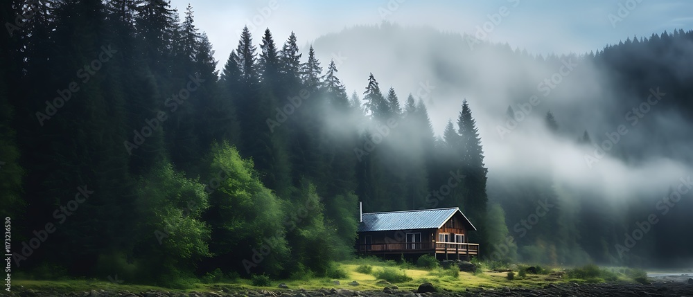 Fototapeta premium A serene cabin nestled in a misty forest landscape.