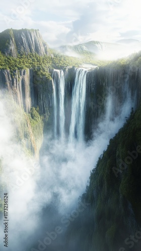 Stunning waterfall plunges from high cliffs into a misty valley surrounded by lush green mountains, creating a breathtaking natural landscape