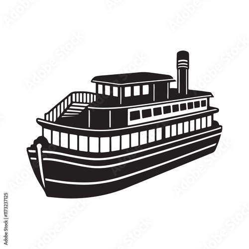 riverboat silhouette, black and white silhouette, vector and illustration