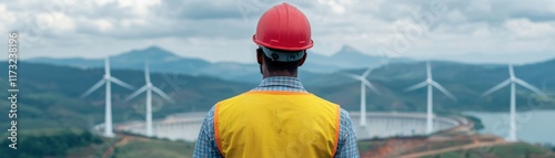 A worker in a hard hat observes a scenic view of wind turbines amidst rolling hills and cloudy skies, symbolizing renewable energy and sustainability. photo