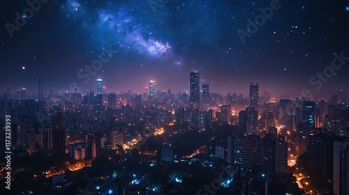 Night View of Mumbai's Skyline with City Lights and Skyscrapers Under a Starry Sky -