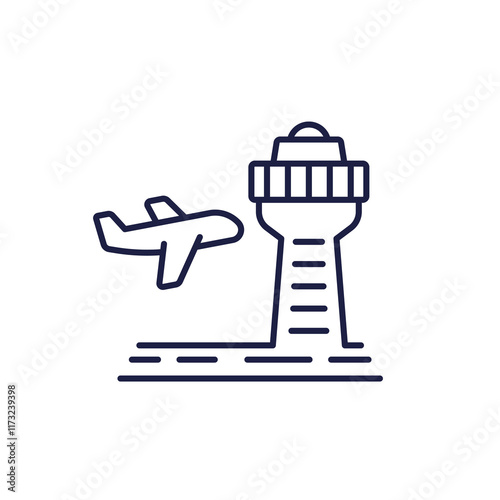 control tower in airport line icon with a plane