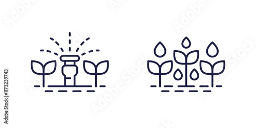 irrigation line icons with plants and water sprinkler