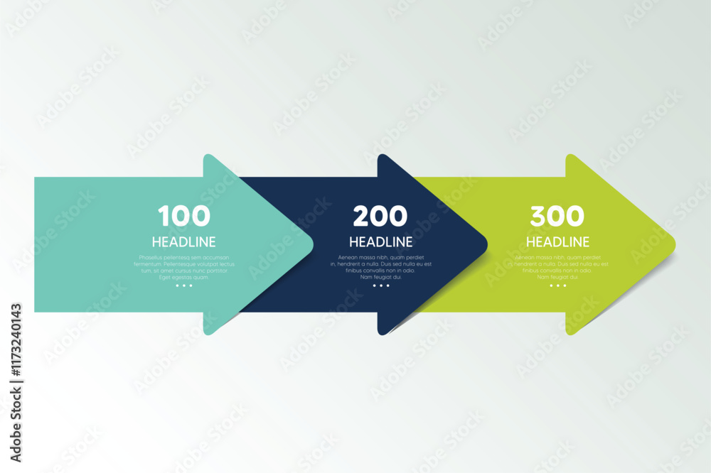 Three step arrow template for presentation. 3 steps options, elements, infographic.