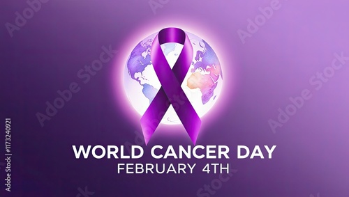 World Cancer Day Awareness Graphic Featuring Purple Ribbon and Globe