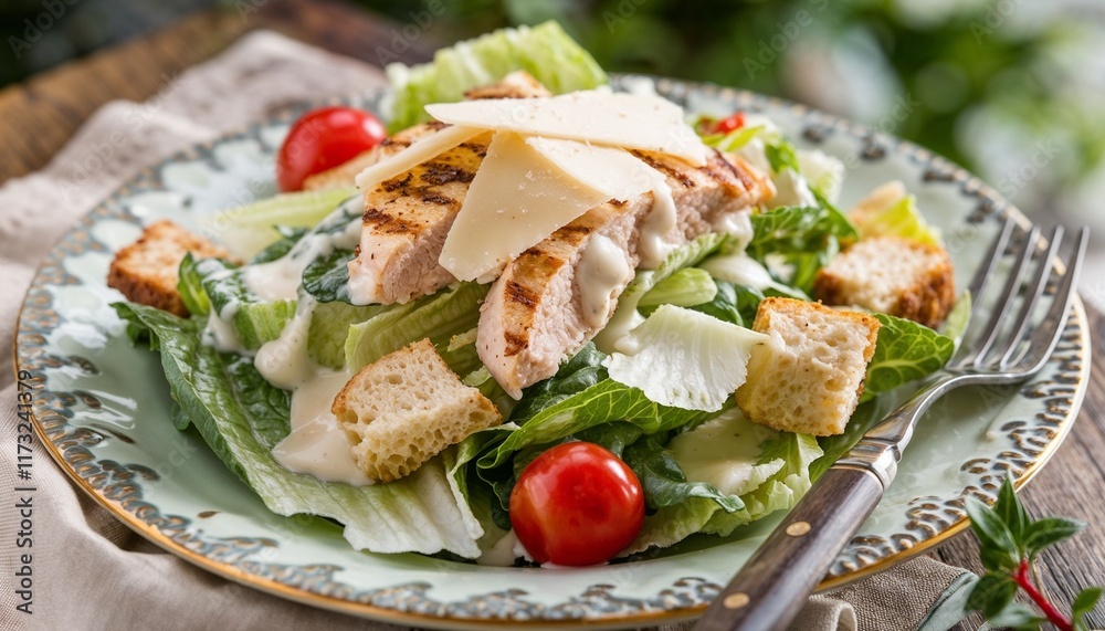Fresh Caesar Salad with Grilled Chicken in Rustic Setting Against Natural Background
Fresh Caesar Salad with Grilled Chicken in Rustic Setting Against Natural Background
