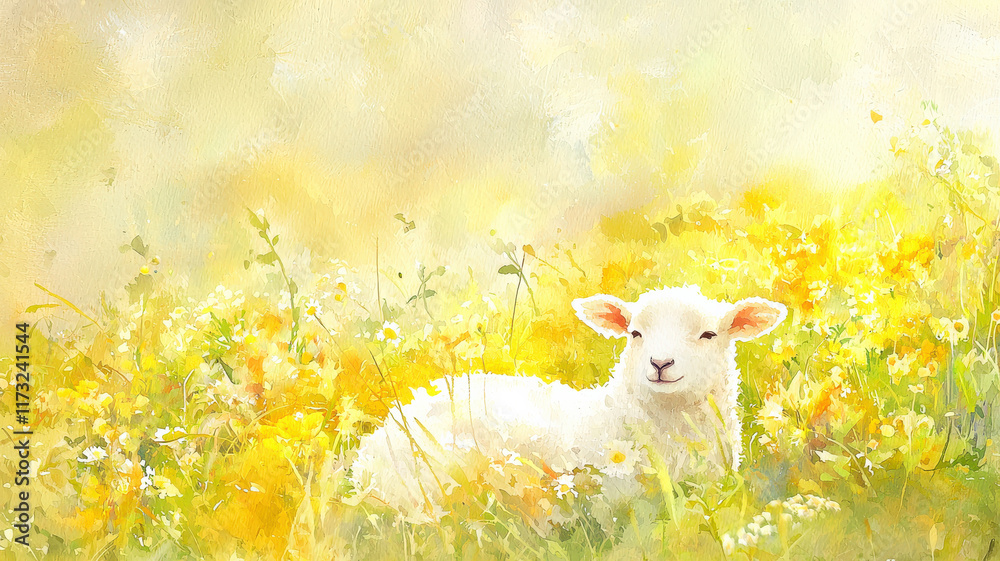 Fototapeta premium A soft watercolor painting of a lamb resting in a meadow filled with colorful wildflowers, bathed in golden sunlight, creating a serene and peaceful atmosphere in the background.