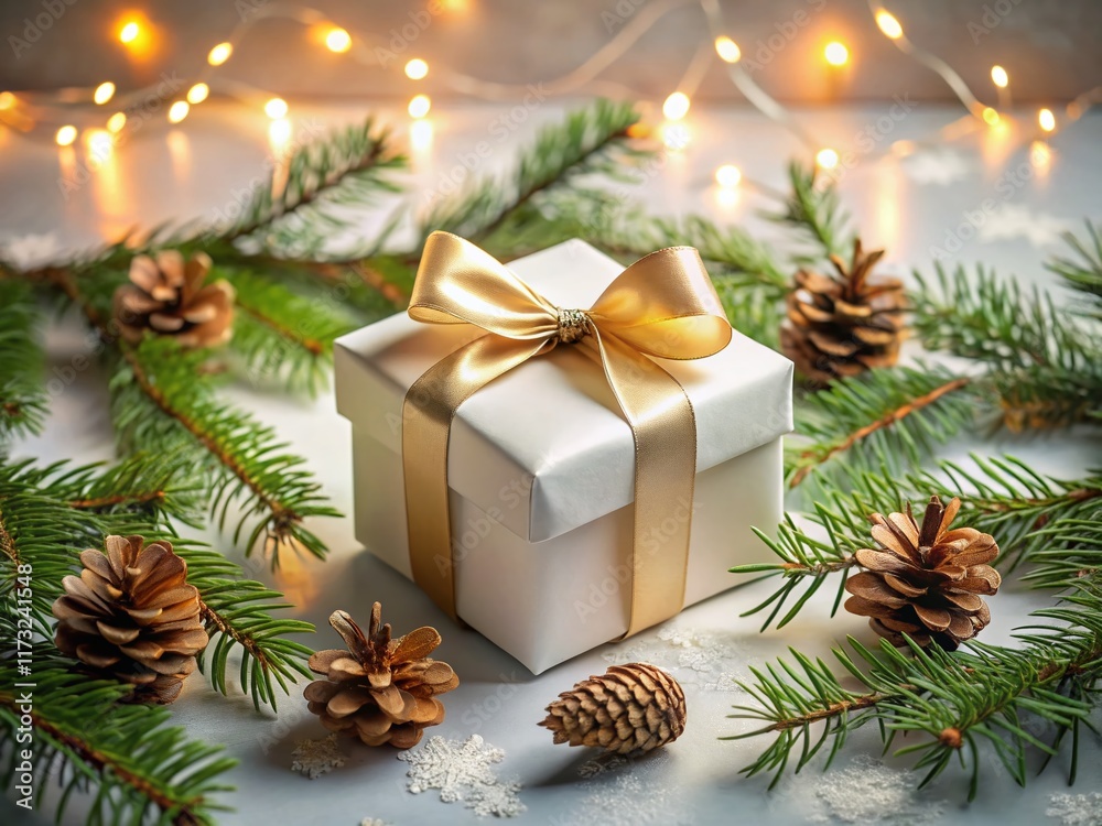 Festive White Gift Box with Pine Branches and Cones - Night Photography Festive White Gift Box with Pine Branches and Cones - Night Photography