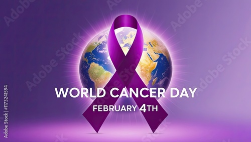 World Cancer Day Awareness Graphic Featuring Purple Ribbon and Globe photo