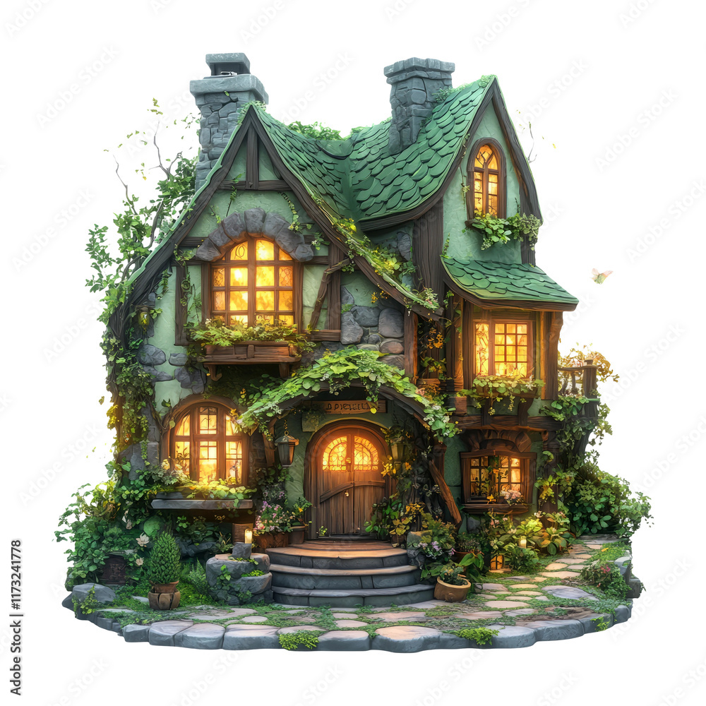 Fototapeta premium Cozy Stone Cottage with Lush Greenery and Warm Lights