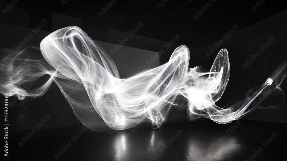 Fototapeta premium Abstract light trails create a dynamic, ethereal atmosphere in a dark space.