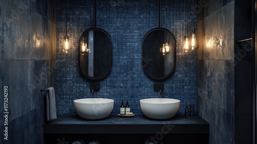 Dark blue bathroom, twin sinks, industrial lighting, tile walls, modern design, home decor photo