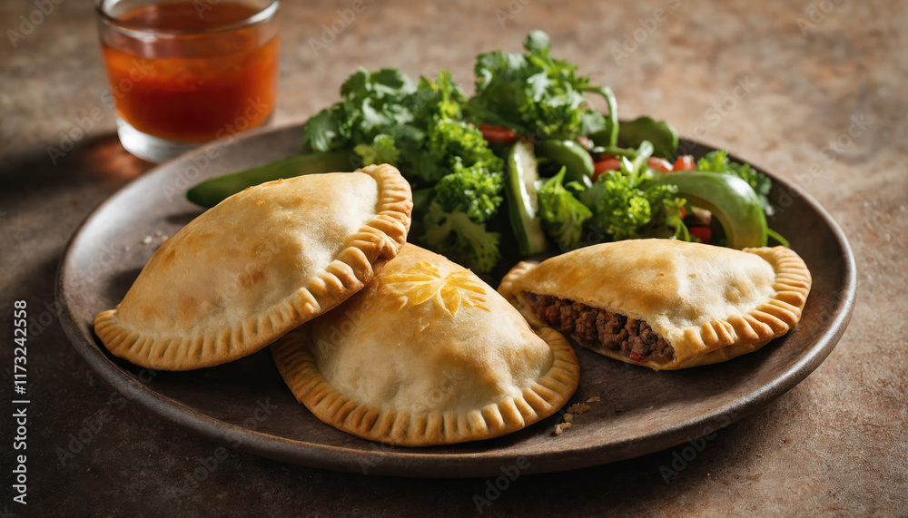Delicious empanadas served with a fresh salad and dipping sauce on a rustic plate Delicious empanadas served with a fresh salad and dipping sauce on a rustic plate