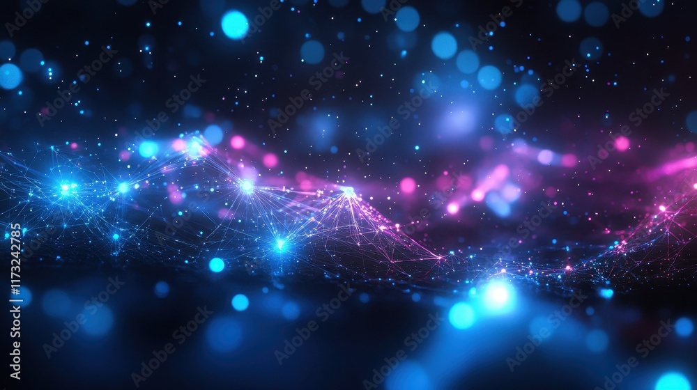 Naklejka premium Futuristic Digital Network with Glowing Blue and Pink Lights in a Dark Abstract Background