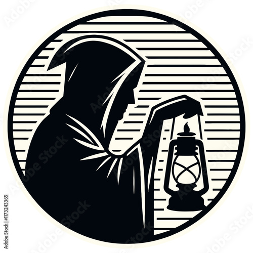 tarot arcana of hermit, man in a hood with a lamp