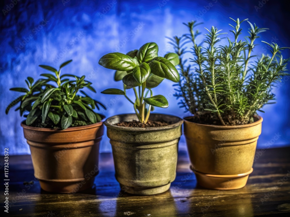 Fototapeta premium Simple clipart: Basil, rosemary, thyme in minimalist herb pots, perfect for kitchen garden illustrations.