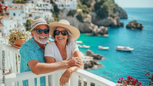 A joyful older couple wearing sunhats and sunglasses, leaning on a white balcony railing. The sparkling turquoise sea and the iconic white architecture of a summer. Ai generated