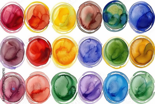 Colorful watercolor circles arranged in a vibrant pattern for creative art projects and designs