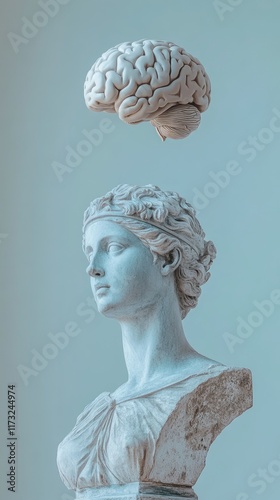The head of the antique statue is located on one side, with an anatomical model brain floating above it. The background color should be light blue