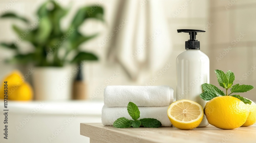 Fresh Citrus Spa Scene with Lemons, Mint, Towels, and Lotion in a Bright Bathroom Setting