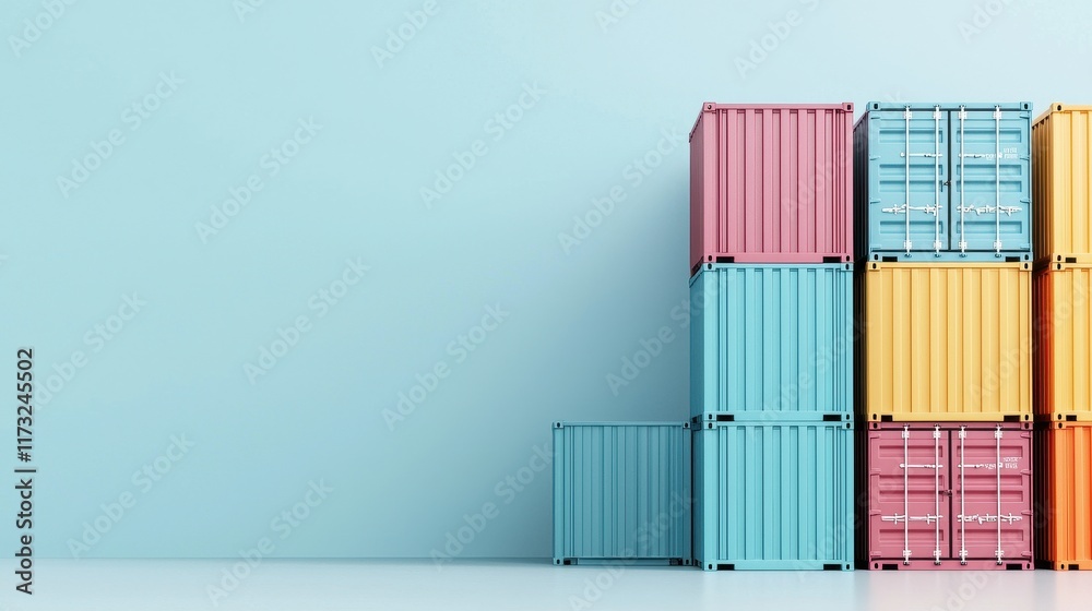 Colorful Shipping Containers Stacked Against a Light Blue Background in Modern Warehouse Setting Colorful Shipping Containers Stacked Against a Light Blue Background in Modern Warehouse Setting