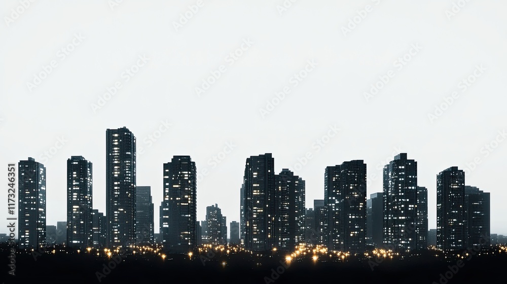 Skyline with illuminated buildings, white background, concept of urban nightscape and city lights Skyline with illuminated buildings, white background, concept of urban nightscape and city lights