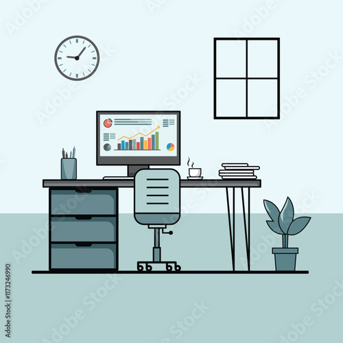 Modern desk with a computer. Working table. Working table flat design concept