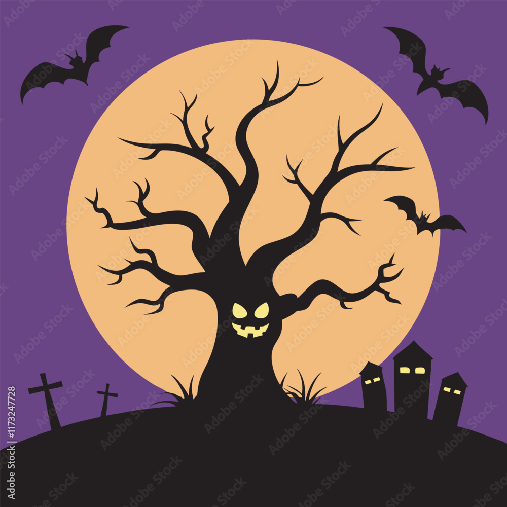 Halloween tree in graveyard with bat illustration Halloween tree in graveyard with bat illustration