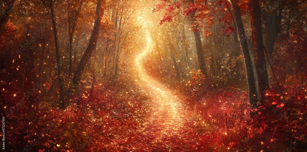 Fototapeta premium Autumn Path Magical Forest Scene With Glowing Lights
