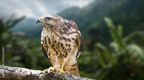 Red tailed hawk resing on tree top, Red-tailed Hawks are large hawks with typical Buteo proportions: very broad, rounded wings and a short, wide tail.Close up Red-tailed hawk.