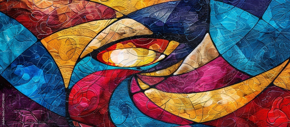 Fototapeta premium Vibrant abstract artwork featuring swirling, multicolored shapes and textures. A captivating blend of blues, reds, and golds creates a dynamic composition.