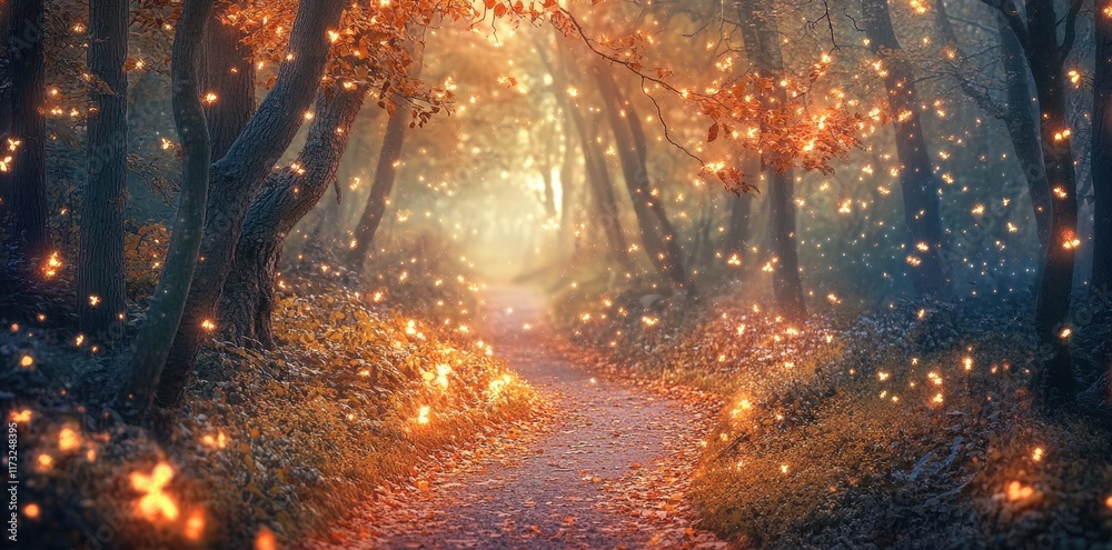 Fototapeta premium Enchanted Autumn Forest Path Glowing With Fireflies