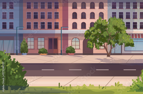  City street with nice buildings, houses and cafe. Buildings facade with windows, doors, street lights, trees, bushes, empty sidewalk and road. Vector illustration. Not AI generated