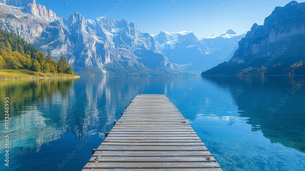 Serene mountain lake with wooden dock reflecting majestic peaks. Serene mountain lake with wooden dock reflecting majestic peaks.