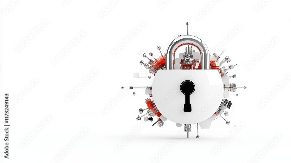 Conceptual representation of digital security with padlock and virus-like elements surrounding it Conceptual representation of digital security with padlock and virus-like elements surrounding it