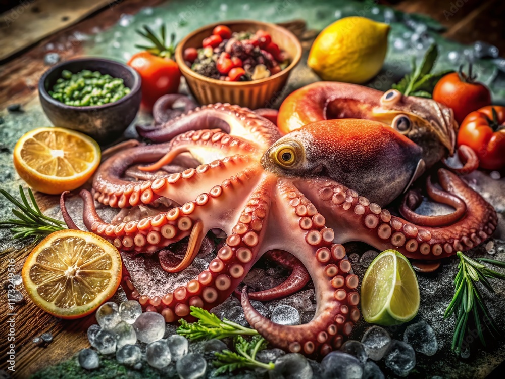 Fototapeta premium Fresh Raw Octopus & Seafood on Ice - Vintage Close-up Stock Photo