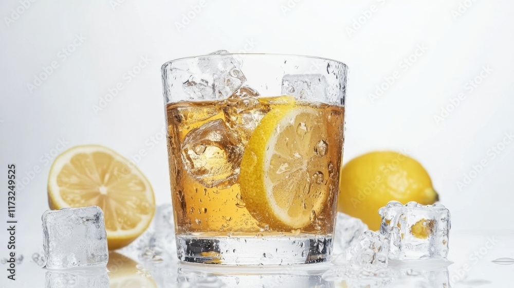 A glass of iced tea with lemon and ice cubes, isolated on a white background, showcasing the cold, refreshing nature of the drink. A glass of iced tea with lemon and ice cubes, isolated on a white background, showcasing the cold, refreshing nature of the drink.