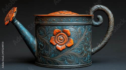 Wallpaper Mural Ornate teal watering can with carved floral design and copper accents. Torontodigital.ca