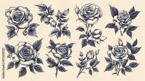 Set of various roses and leaves, tattoo design, elegance and beauty of classic floral designs sketch engraving