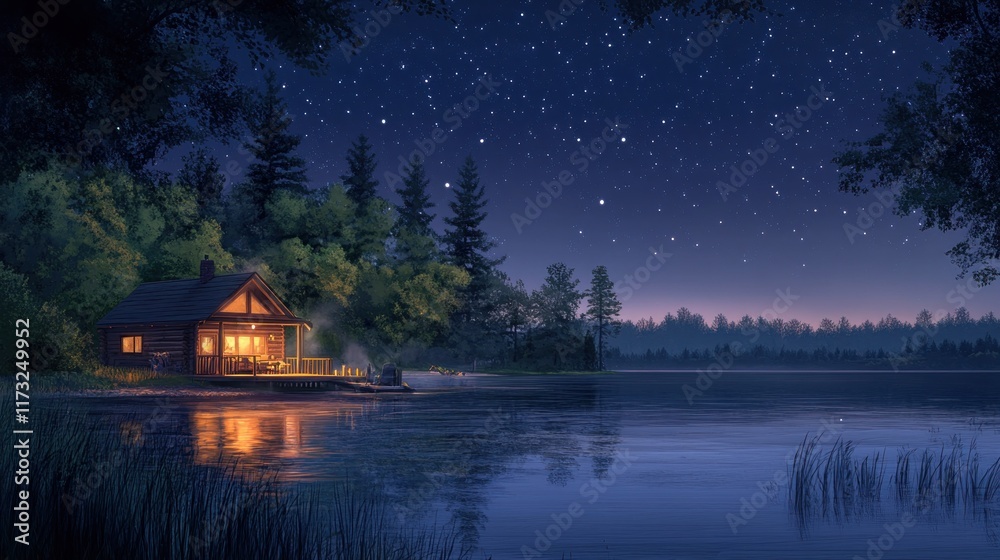 Cozy cabin by a lake at night, surrounded by trees and stars. Cozy cabin by a lake at night, surrounded by trees and stars.
